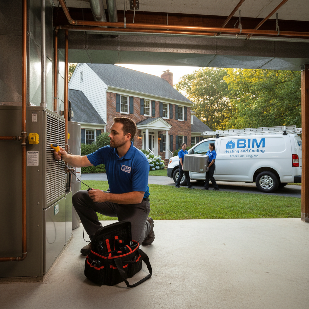 BIM Heating and Cooling technician inspecting an HVAC unit in a Fredericksburg, VA home.