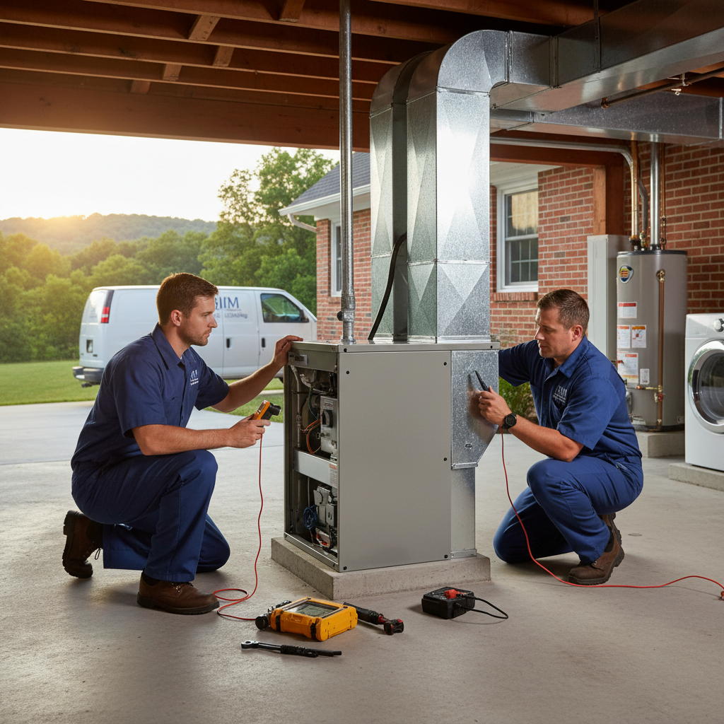 BIM Heating and Cooling technician inspecting an HVAC unit in a Fredericksburg, Virginia home.