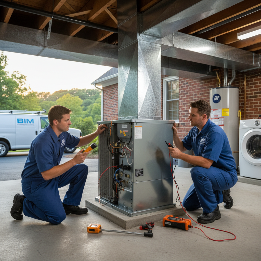 BIM Heating and Cooling technician inspecting an HVAC unit in a Fredericksburg, Virginia home.