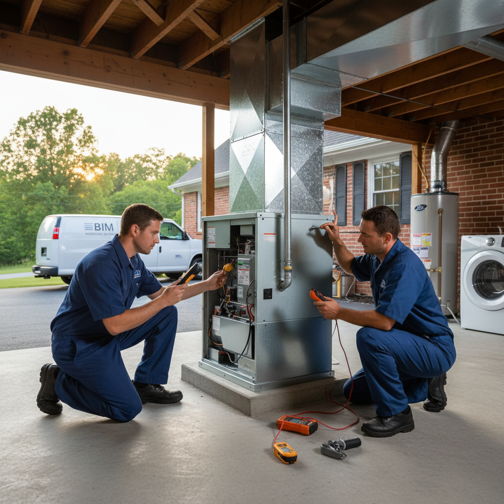 BIM Heating and Cooling technician inspecting an HVAC unit in a Fredericksburg, Virginia home.
