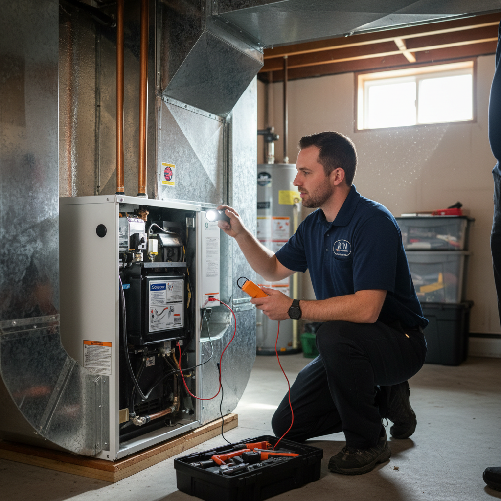 BIM Heating and Cooling technician inspecting an HVAC unit in a Fredericksburg, VA home.