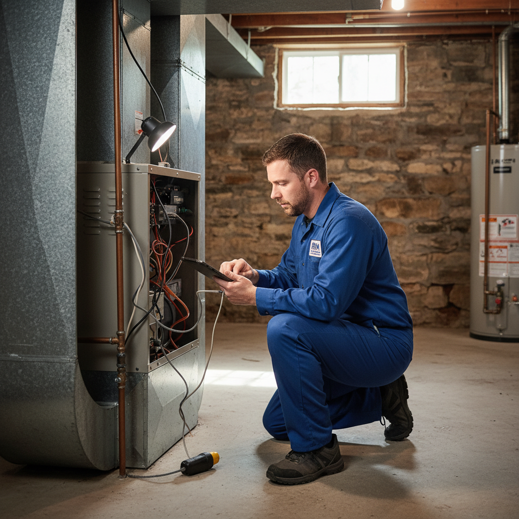 BIM Heating and Cooling technician inspecting an HVAC unit in a Fredericksburg, Virginia home.