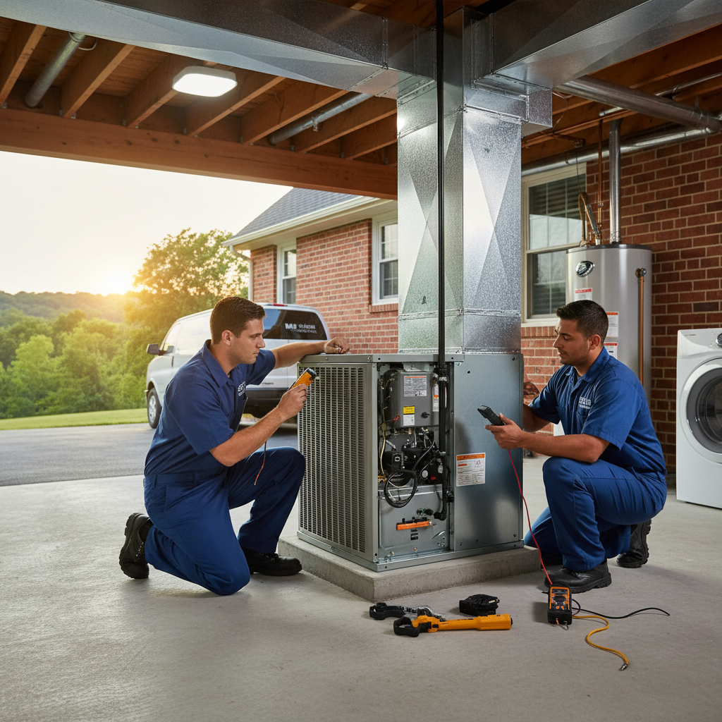 BIM Heating and Cooling technician inspecting an HVAC unit in a Fredericksburg, Virginia home.