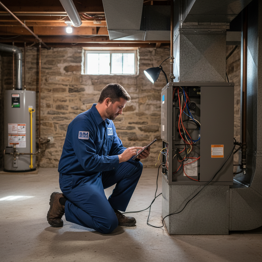 BIM Heating and Cooling technician inspecting an HVAC unit in a Fredericksburg, Virginia home.