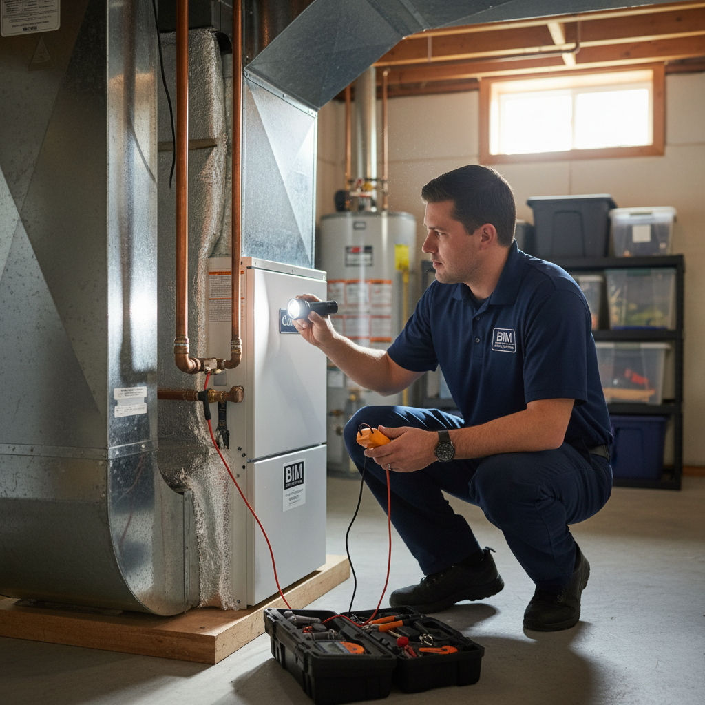 BIM Heating and Cooling technician inspecting an HVAC unit in a Fredericksburg, VA home.