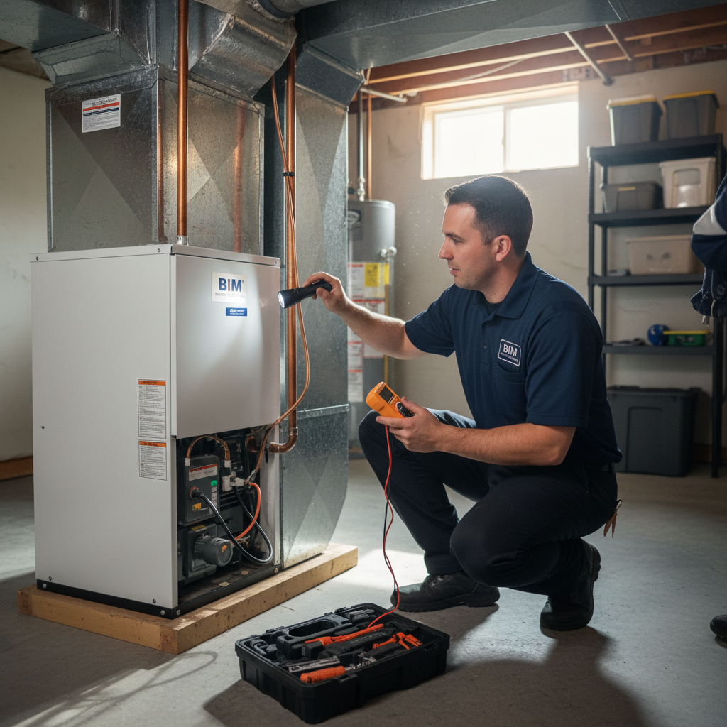 BIM Heating and Cooling technician inspecting an HVAC unit in a Fredericksburg, VA home.