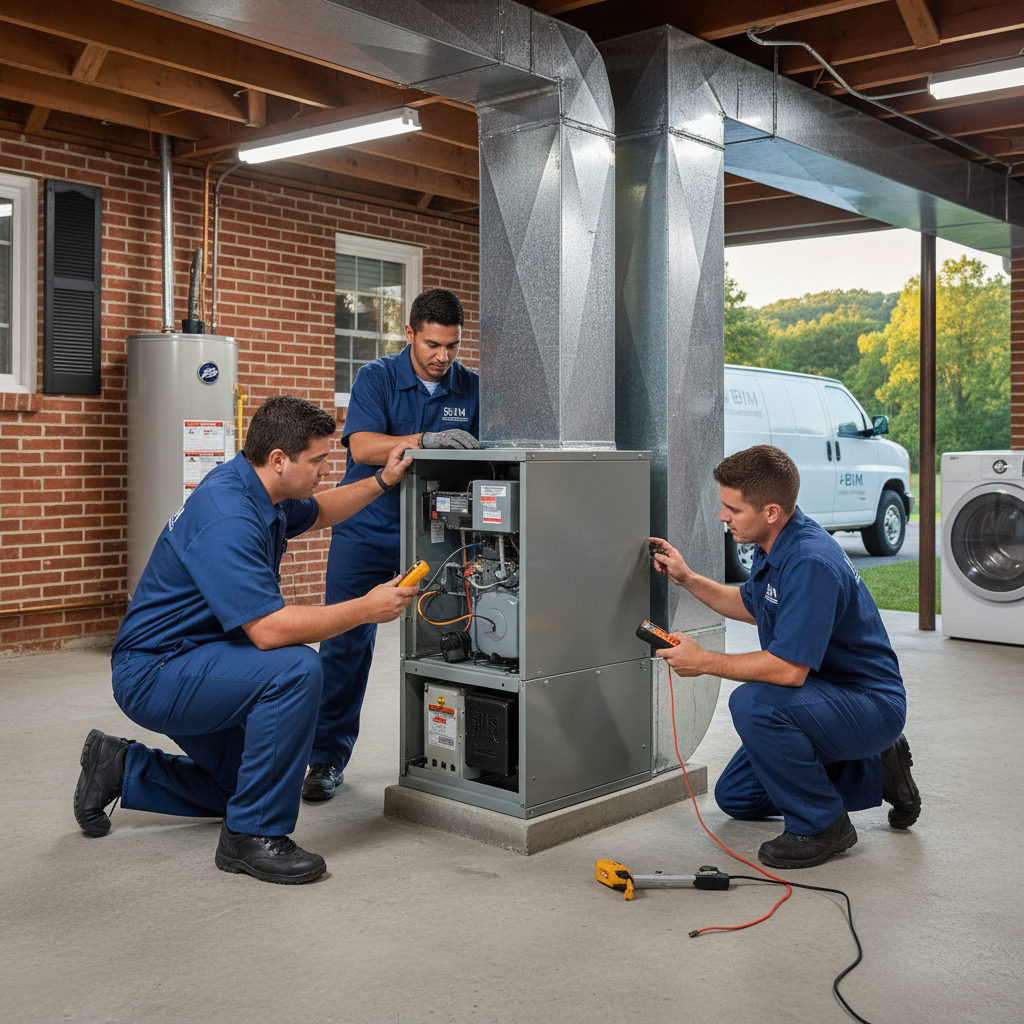 BIM Heating and Cooling technician inspecting an HVAC unit in a Fredericksburg, Virginia home.