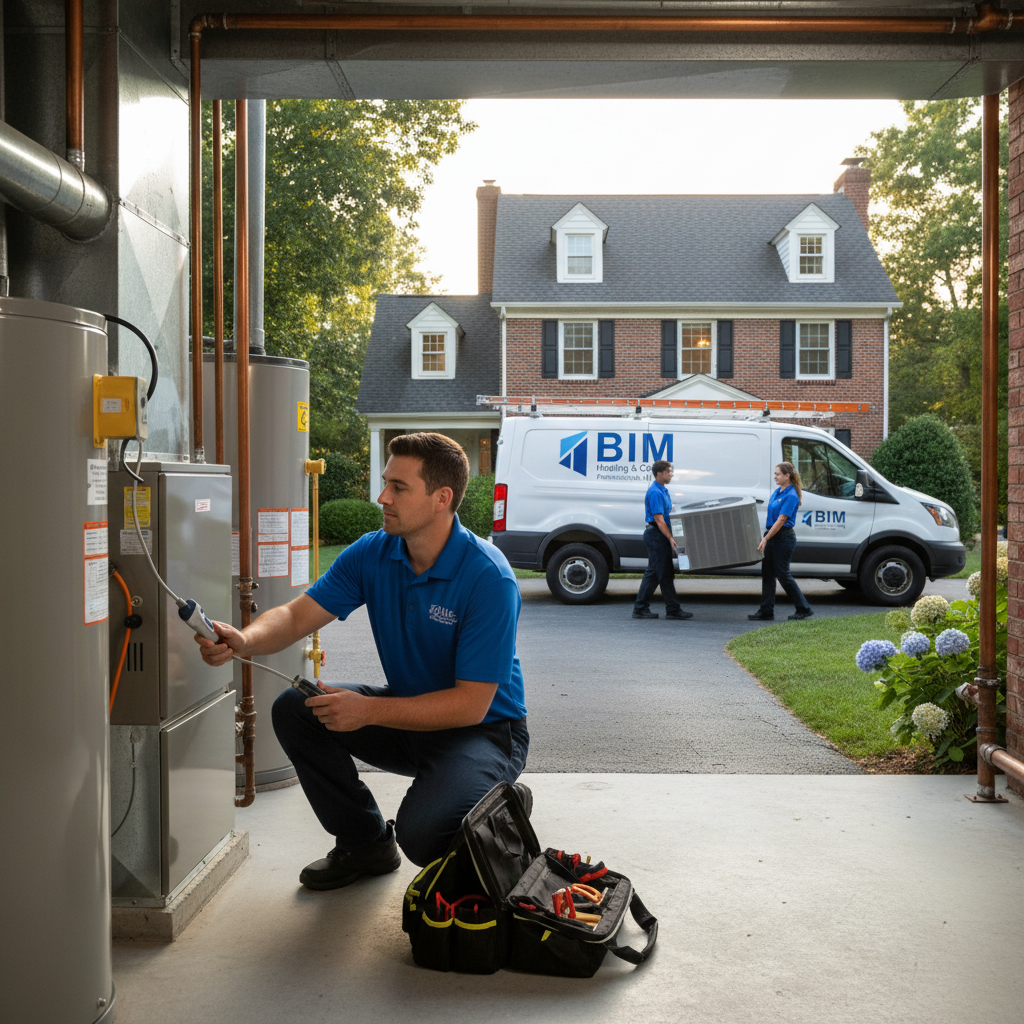 BIM Heating and Cooling technician inspecting an HVAC unit in a Fredericksburg, VA home.