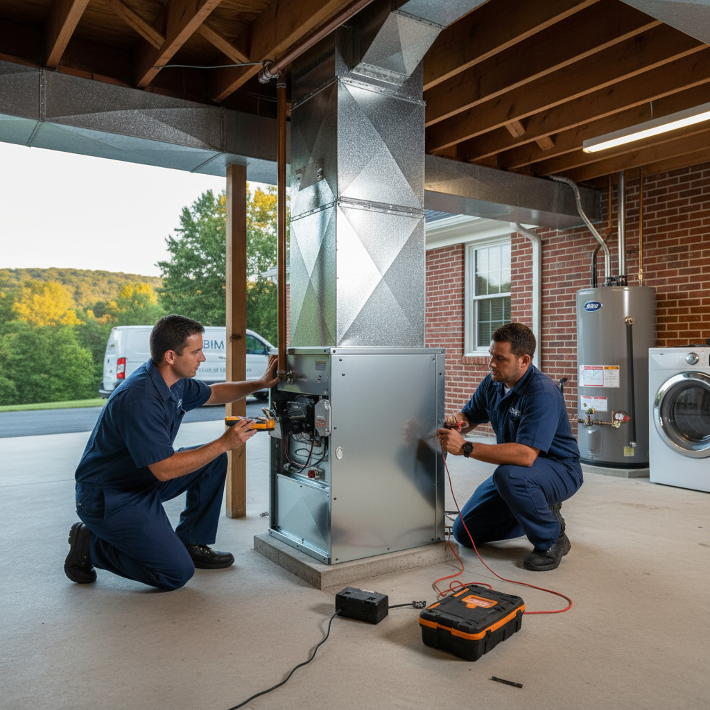 BIM Heating and Cooling technician inspecting an HVAC unit in a Fredericksburg, Virginia home.