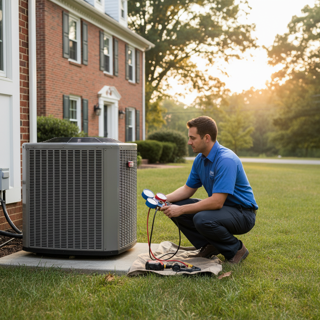 BIM Heating and Cooling technician inspecting an HVAC unit in a Fredericksburg, VA home.