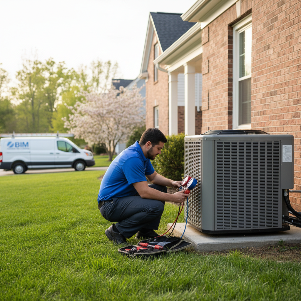 BIM Heating and Cooling technician inspecting an HVAC unit in a Fredericksburg, Virginia home.