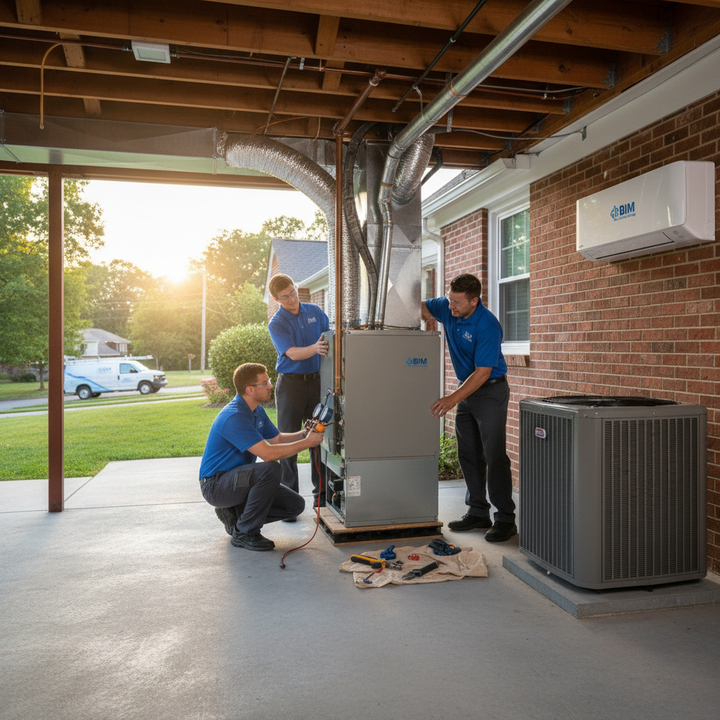 BIM Heating and Cooling technician inspecting an HVAC unit in a Fredericksburg, Virginia home.