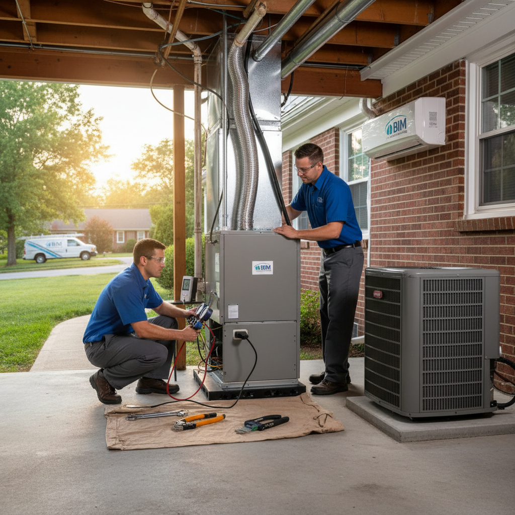 BIM Heating and Cooling technician inspecting an HVAC unit in a Fredericksburg, Virginia home.