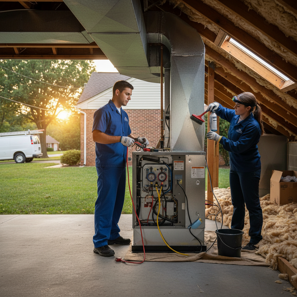 BIM Heating and Cooling technician inspecting an HVAC unit in a Fredericksburg, Virginia home.