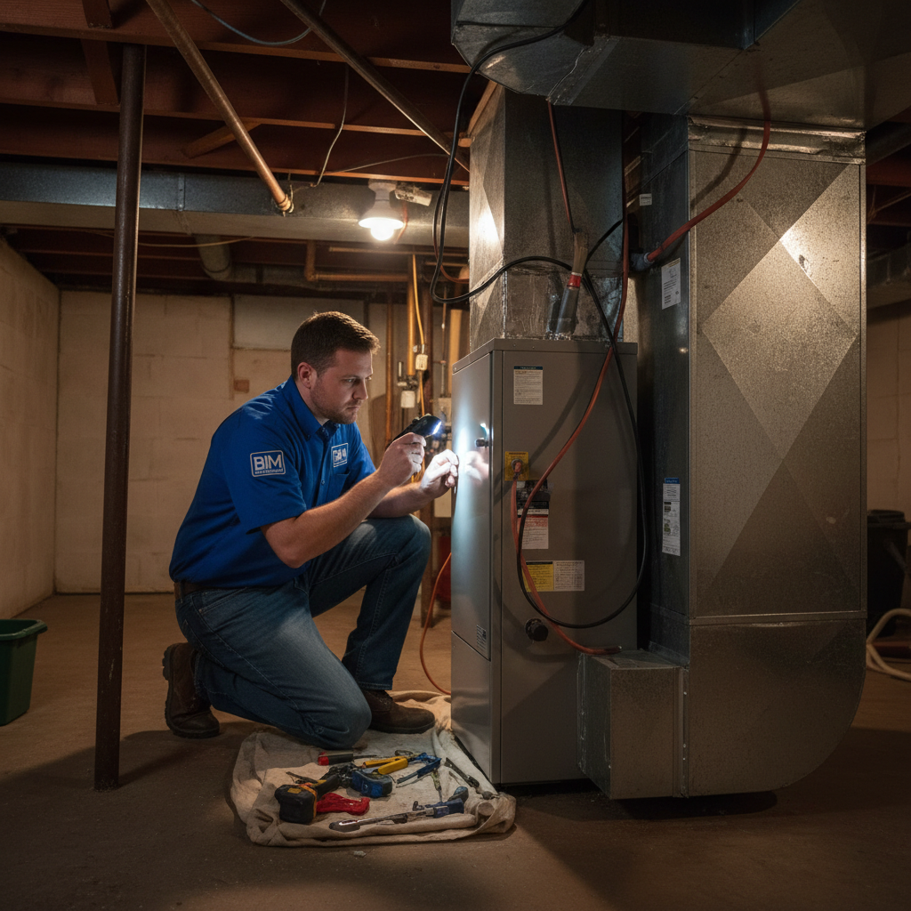 BIM Heating and Cooling technician inspecting an HVAC unit in a Fredericksburg, Virginia home.