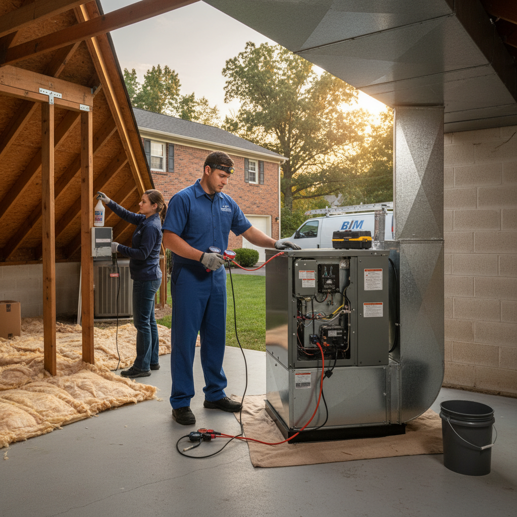 BIM Heating and Cooling technician inspecting an HVAC unit in a Fredericksburg, Virginia home.