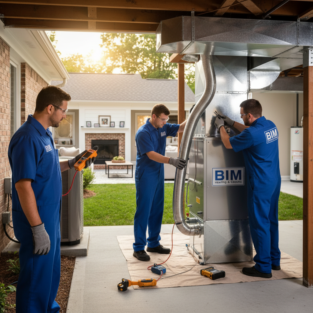 BIM Heating and Cooling technician inspecting an HVAC unit outdoors in Fredericksburg, Virginia.
