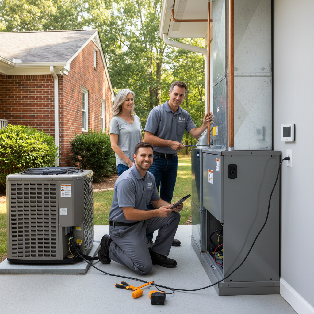 BIM Heating and Cooling technician inspecting an outdoor AC unit in Fredericksburg, VA, ensuring optimal performance.