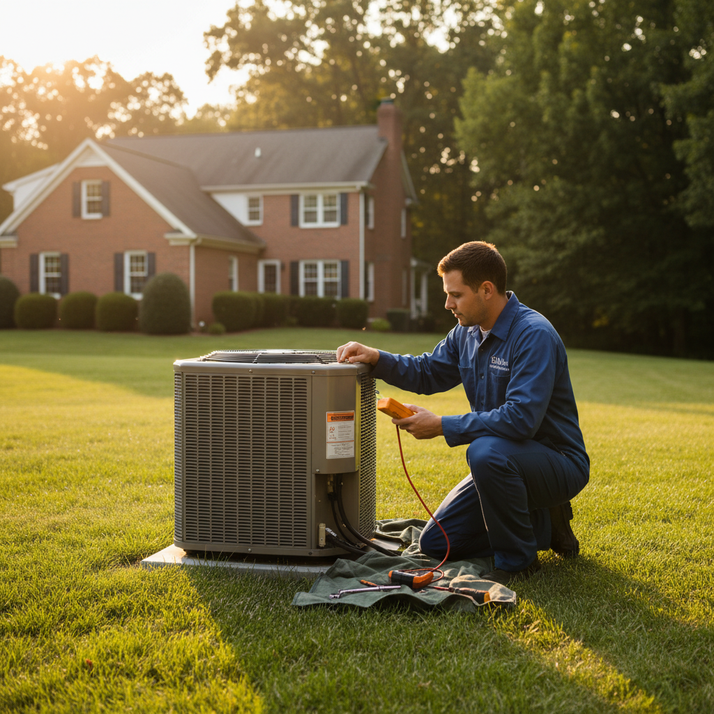 BIM Heating and Cooling technician inspecting an outdoor AC unit in a Fredericksburg, Virginia backyard.