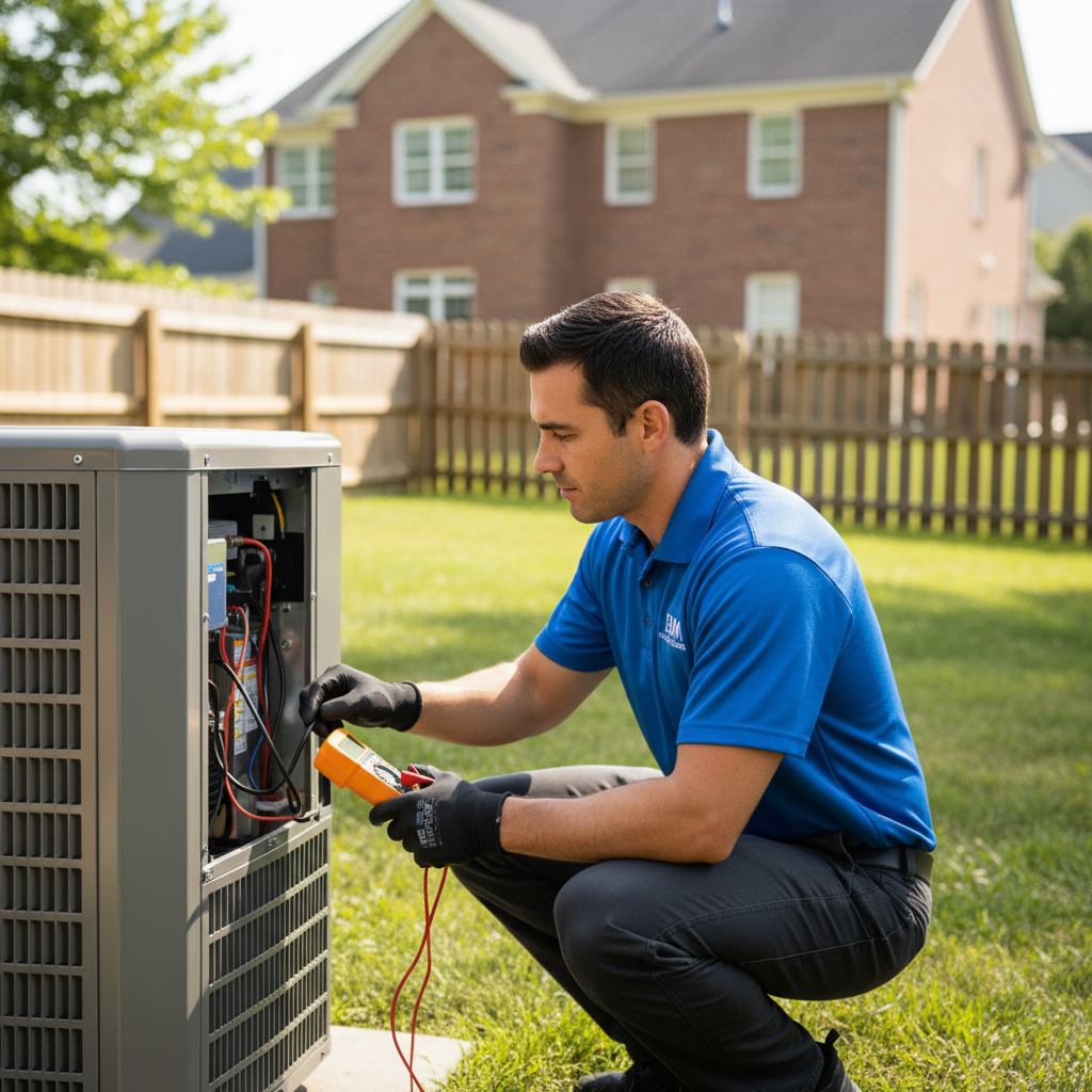 BIM Heating and Cooling technician inspecting an outdoor AC unit in a Fredericksburg, Virginia backyard.