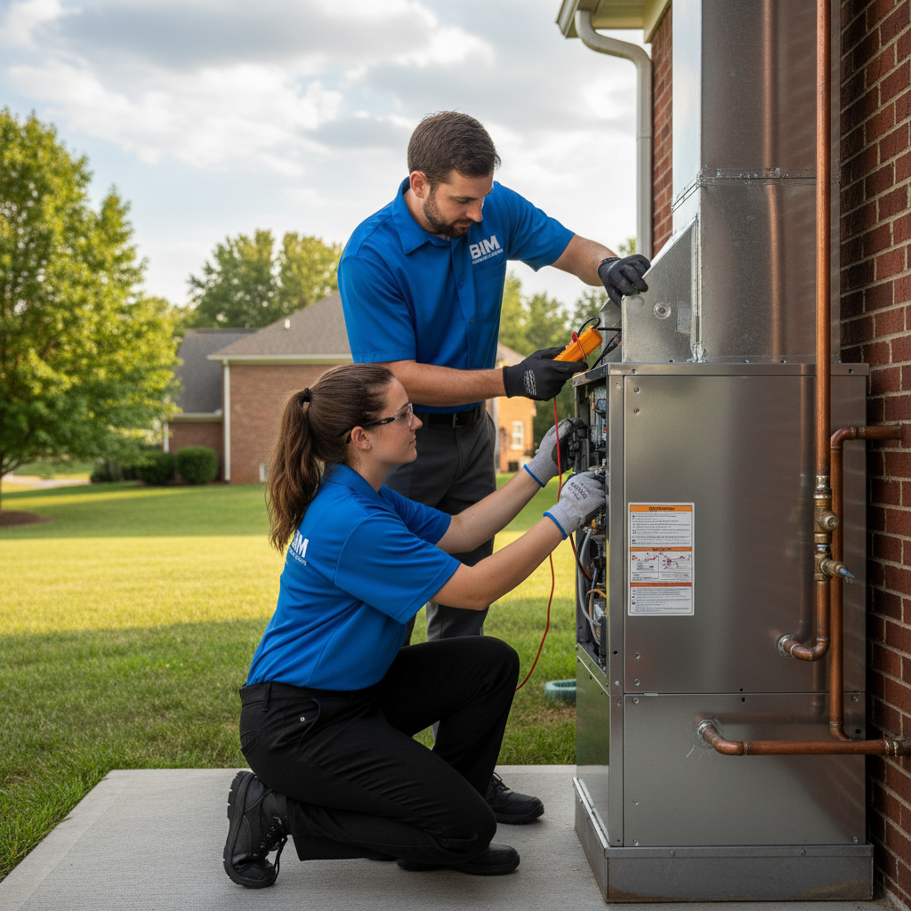 BIM Heating and Cooling technician inspecting an outdoor AC unit in Fredericksburg, Virginia.