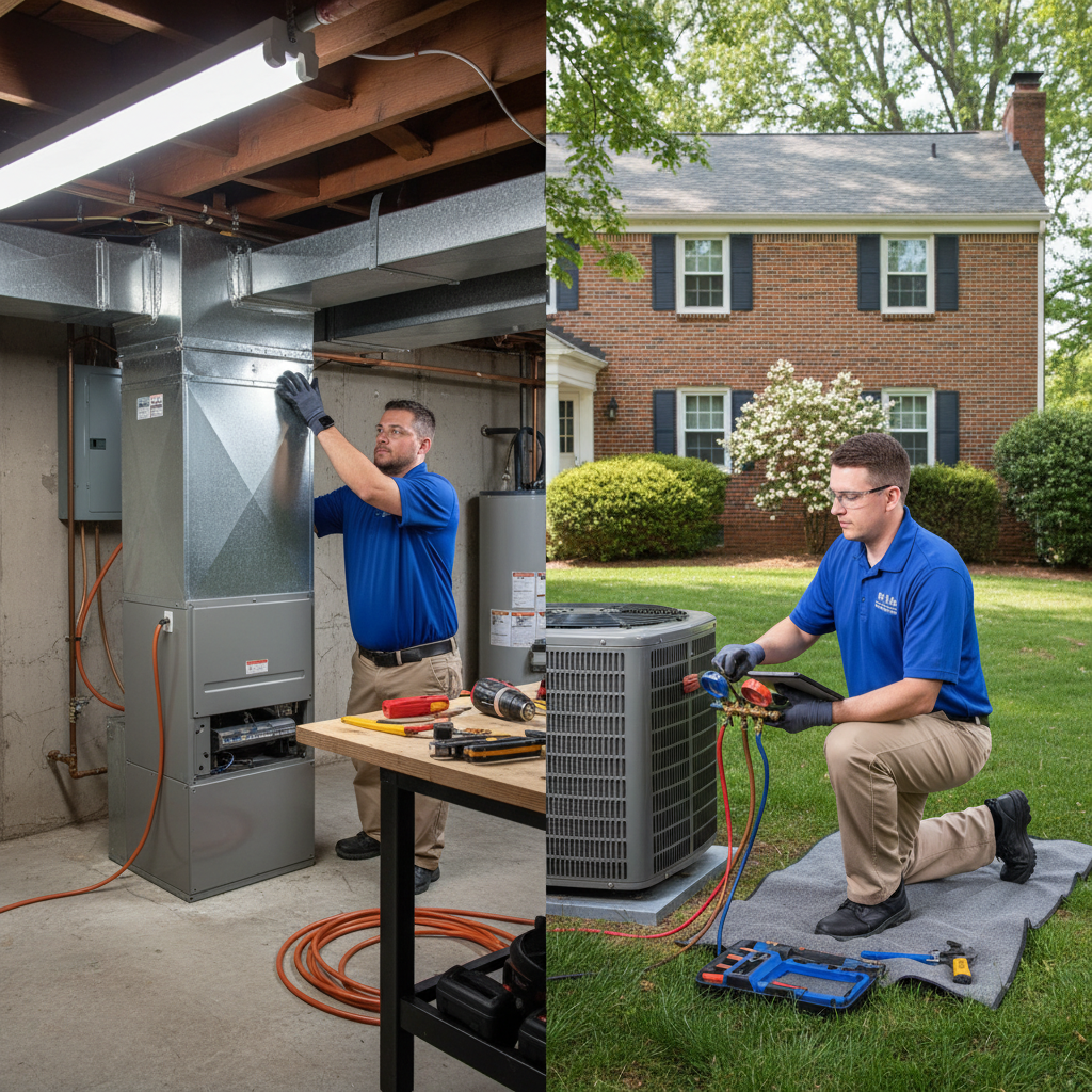BIM Heating and Cooling technician inspecting an outdoor AC unit in a Fredericksburg, Virginia home.