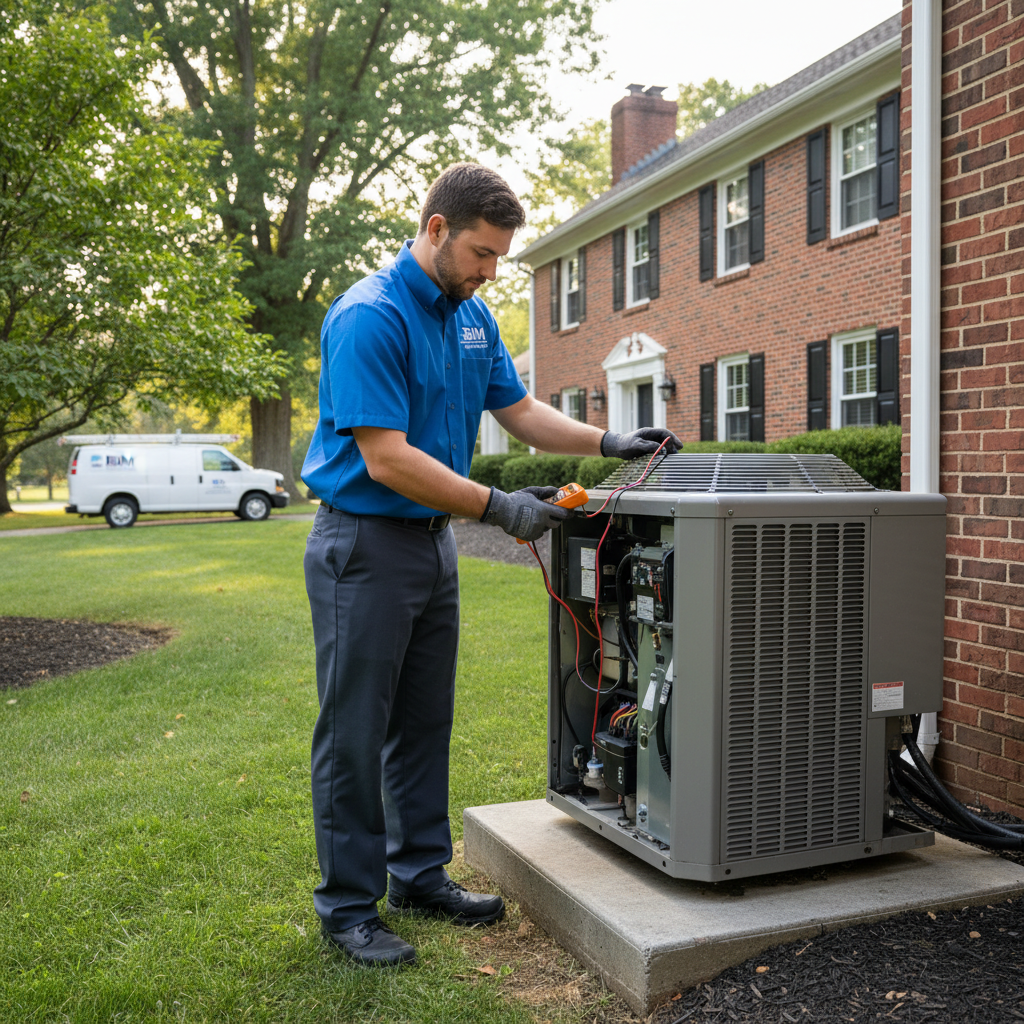 BIM Heating and Cooling technician inspecting an outdoor AC unit in Fredericksburg, VA, ensuring optimal performance for Virginia homes.