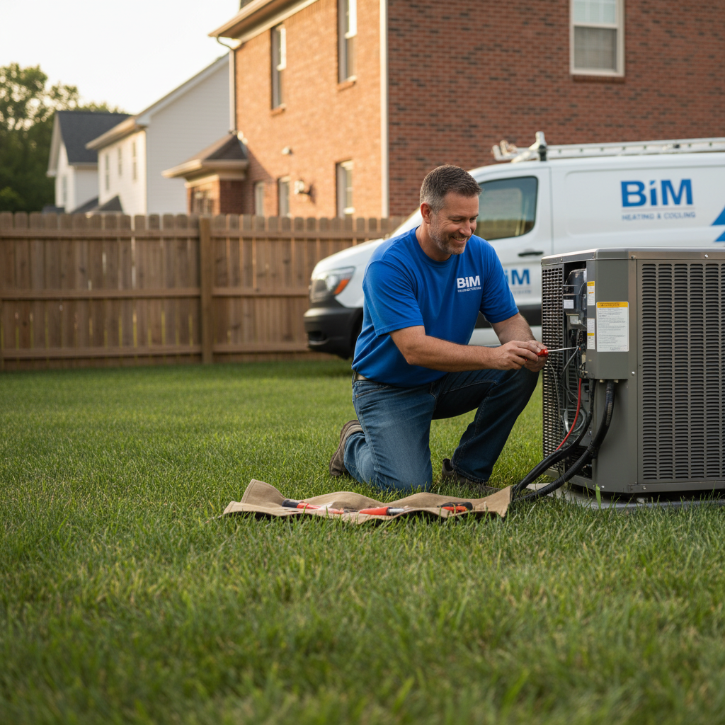 BIM Heating and Cooling technician inspecting an outdoor AC unit in a Stafford County, VA backyard.