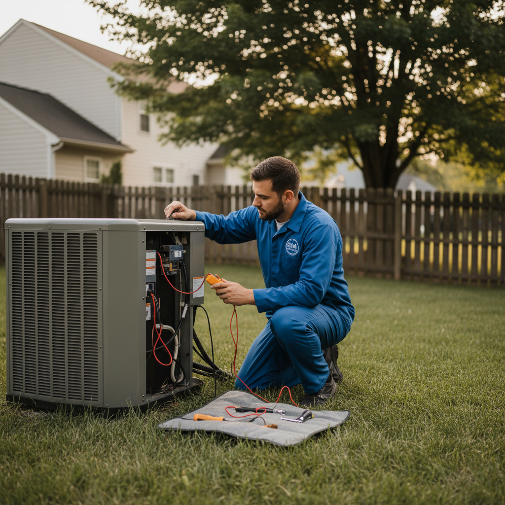 BIM Heating and Cooling technician inspecting an outdoor AC unit in a Fredericksburg, VA backyard.