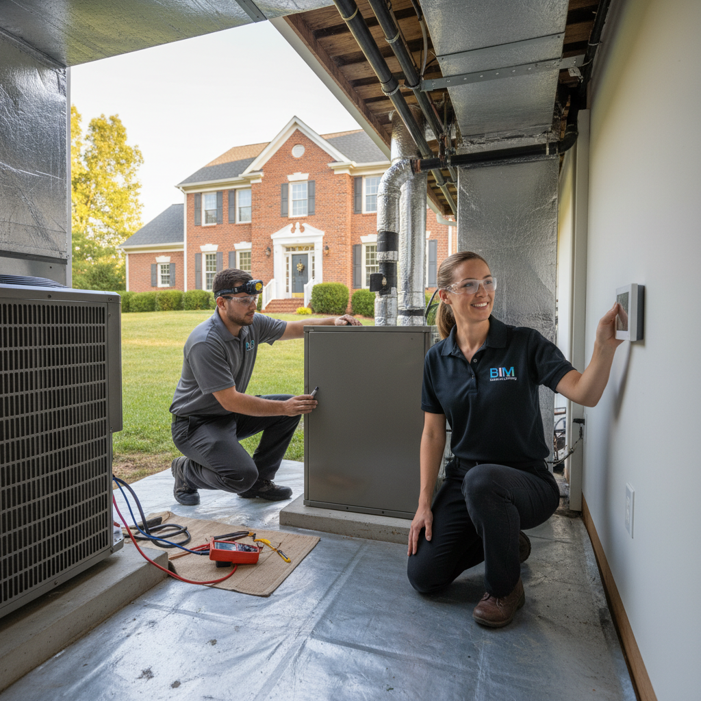 BIM Heating and Cooling technician inspecting an outdoor AC unit in a Fredericksburg, Virginia home.