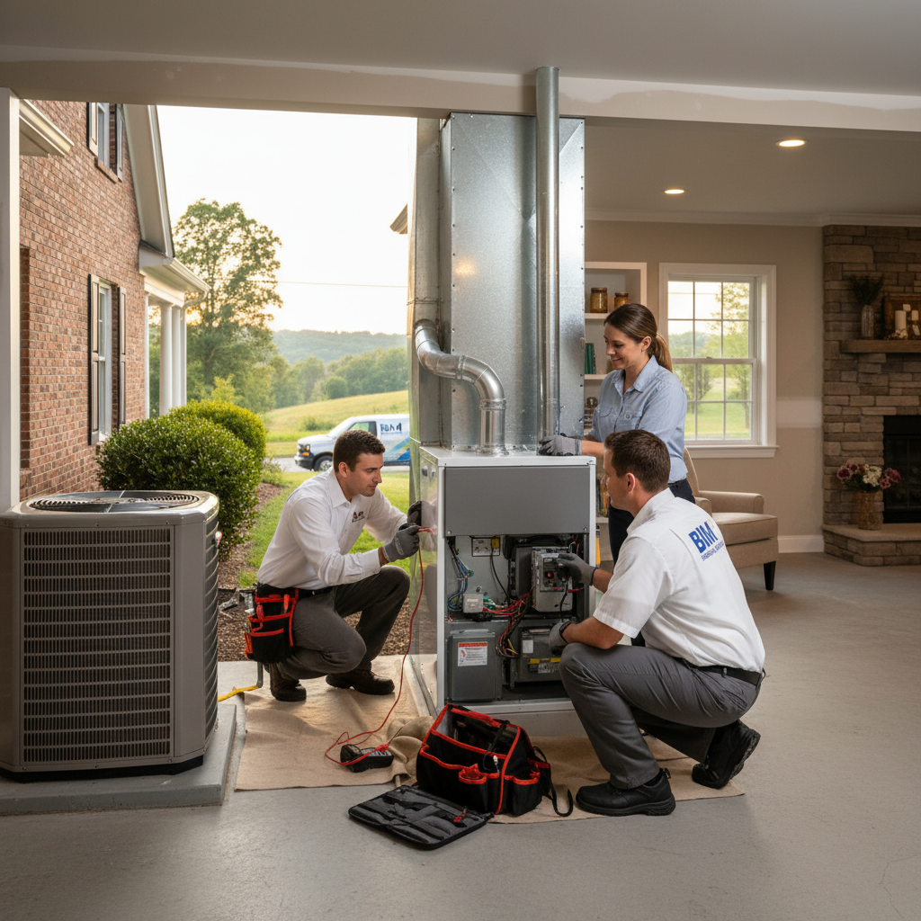 BIM Heating and Cooling technician inspecting an outdoor AC unit in a Fredericksburg, Virginia home.