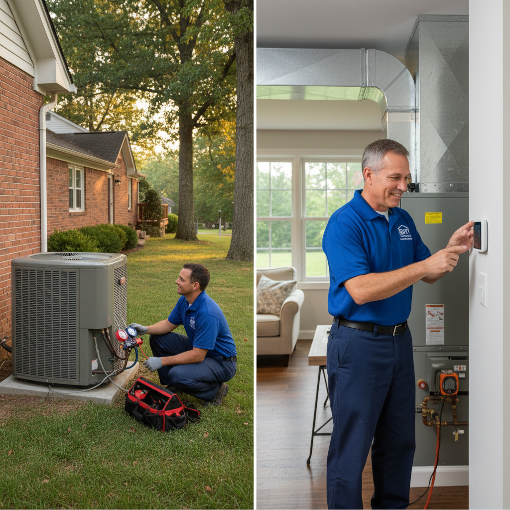 BIM Heating and Cooling technician inspecting an outdoor AC unit in a Fredericksburg, Virginia neighborhood.