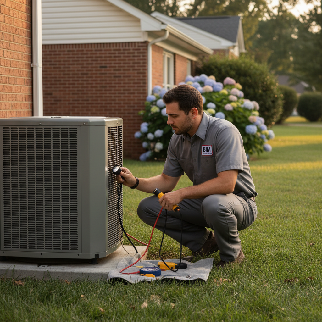 BIM Heating and Cooling technician inspecting an outdoor AC unit in a Fredericksburg, Virginia home.