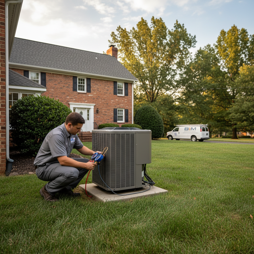 BIM Heating and Cooling technician inspecting an outdoor AC unit in a Fredericksburg, Virginia home.