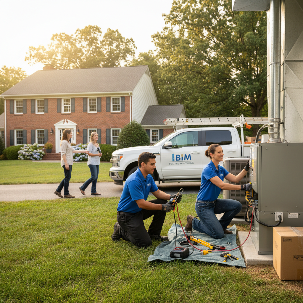 BIM Heating and Cooling technician inspecting an outdoor AC unit in a Fredericksburg, VA backyard.