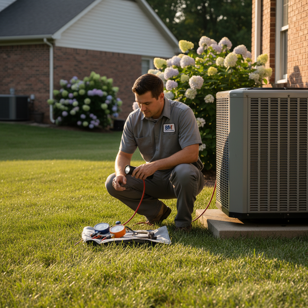 BIM Heating and Cooling technician inspecting an outdoor AC unit in a Fredericksburg, Virginia home.
