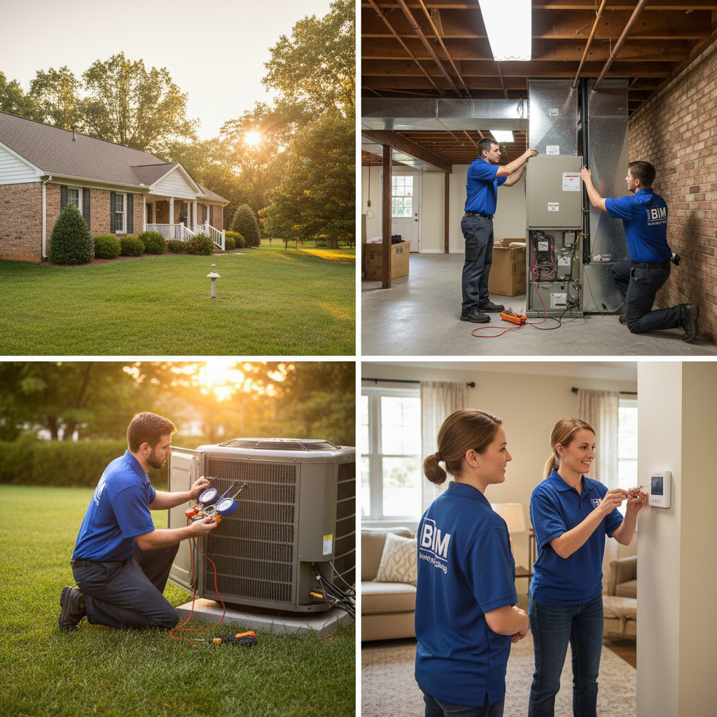 BIM Heating and Cooling technician inspecting an outdoor AC unit in a Fredericksburg, Virginia home.