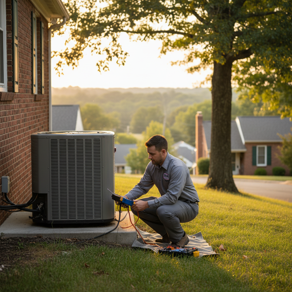 BIM Heating and Cooling technician inspecting an outdoor AC unit in a Fredericksburg, Virginia neighborhood.