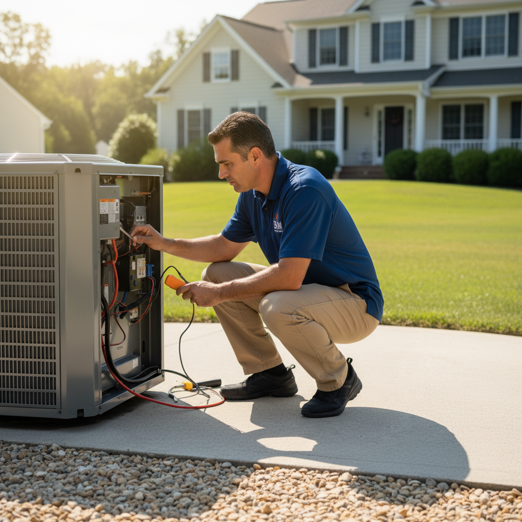 BIM Heating and Cooling technician inspecting an outdoor heat pump unit in Spotsylvania County, VA.