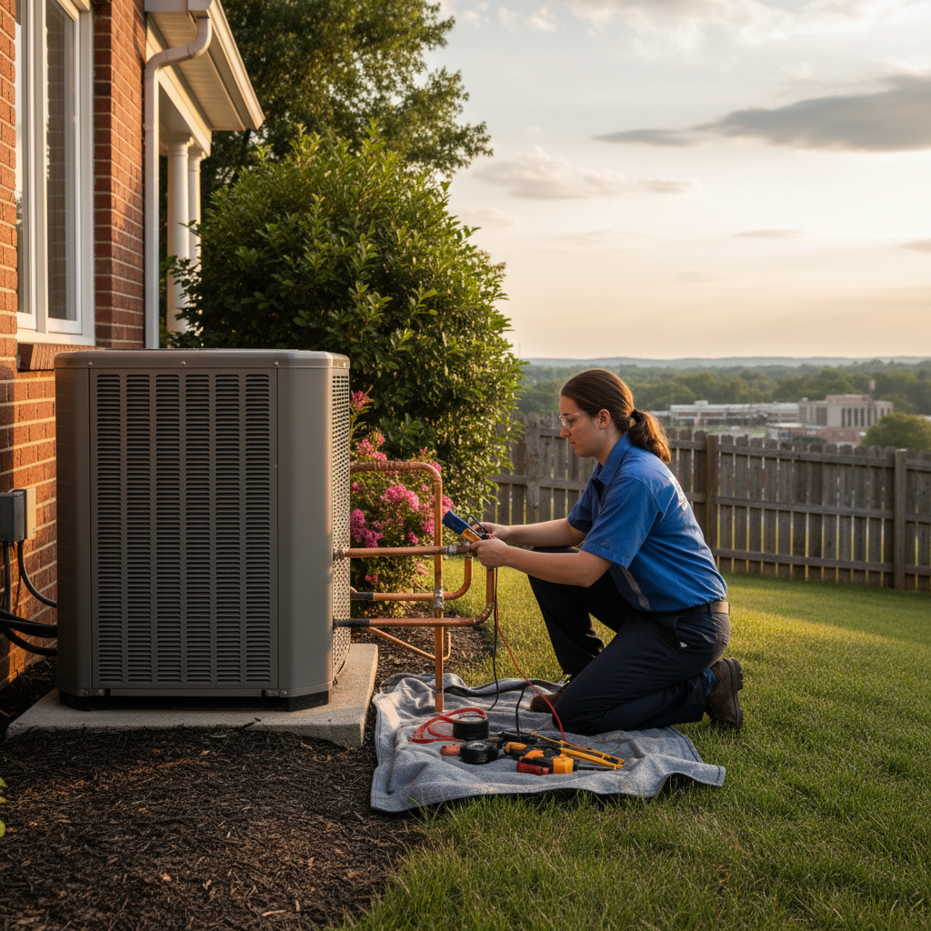 BIM Heating and Cooling technician inspecting an outdoor heat pump system in a Fredericksburg, VA backyard.