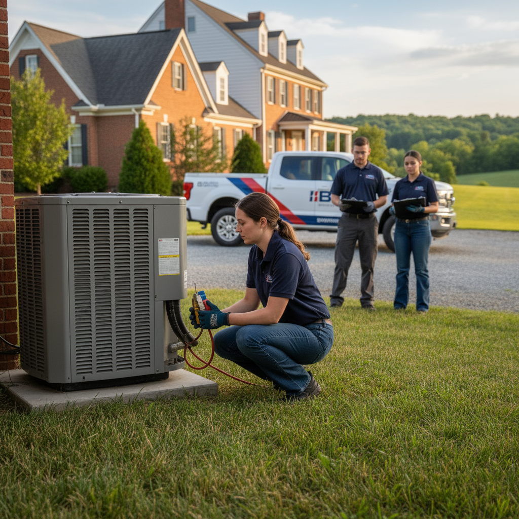 BIM Heating and Cooling technician inspecting an outdoor HVAC unit at a home in Stafford County, VA.