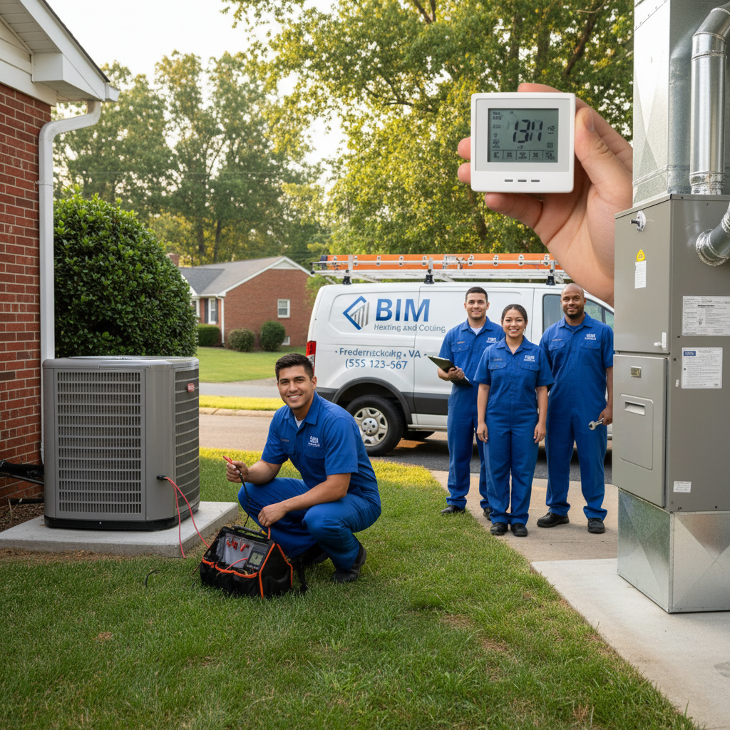 BIM Heating and Cooling technician inspecting an outdoor HVAC unit in a Fredericksburg, Virginia backyard.