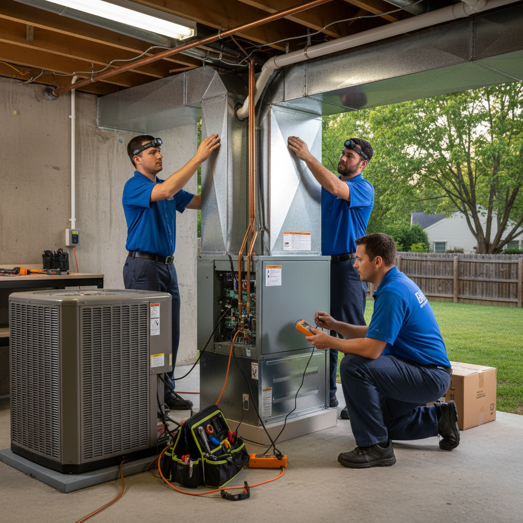 BIM Heating and Cooling technician inspecting an outdoor HVAC unit in a residential backyard in Fredericksburg, VA.