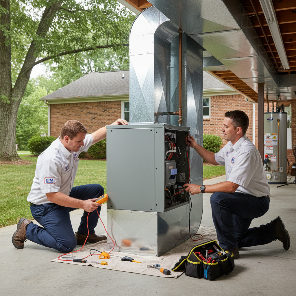 BIM Heating and Cooling technician inspecting an outdoor HVAC unit in a Fredericksburg, Virginia backyard.