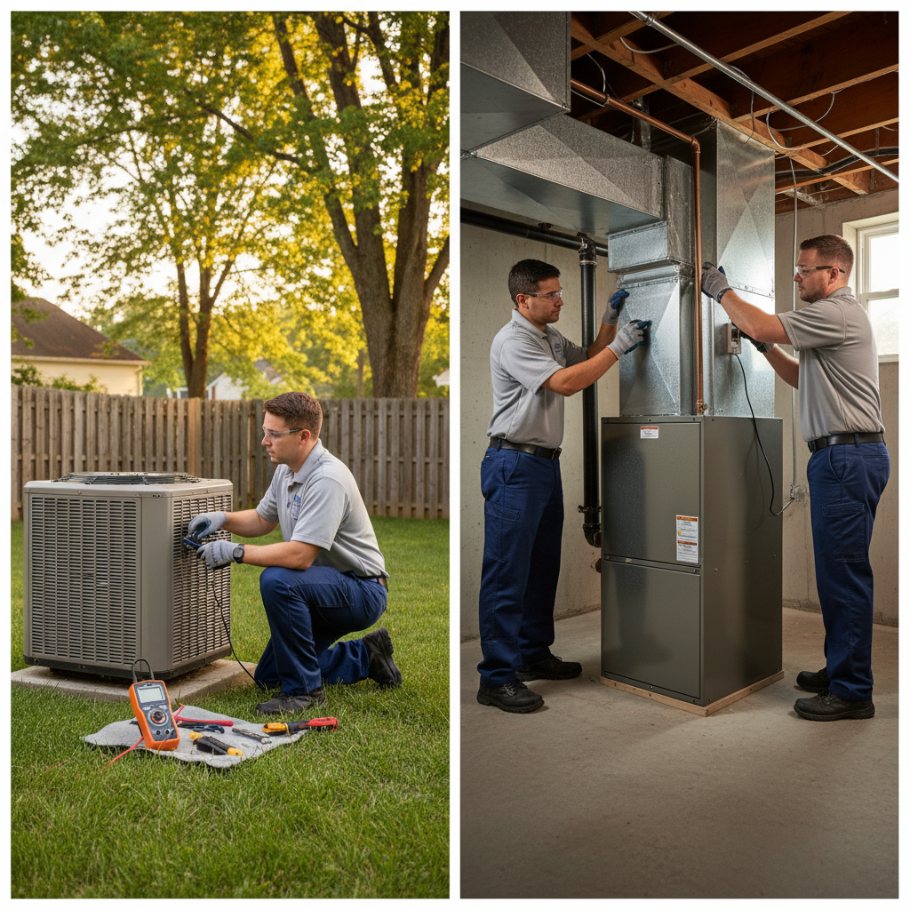BIM Heating and Cooling technician inspecting an outdoor HVAC unit in a Fredericksburg, VA backyard.