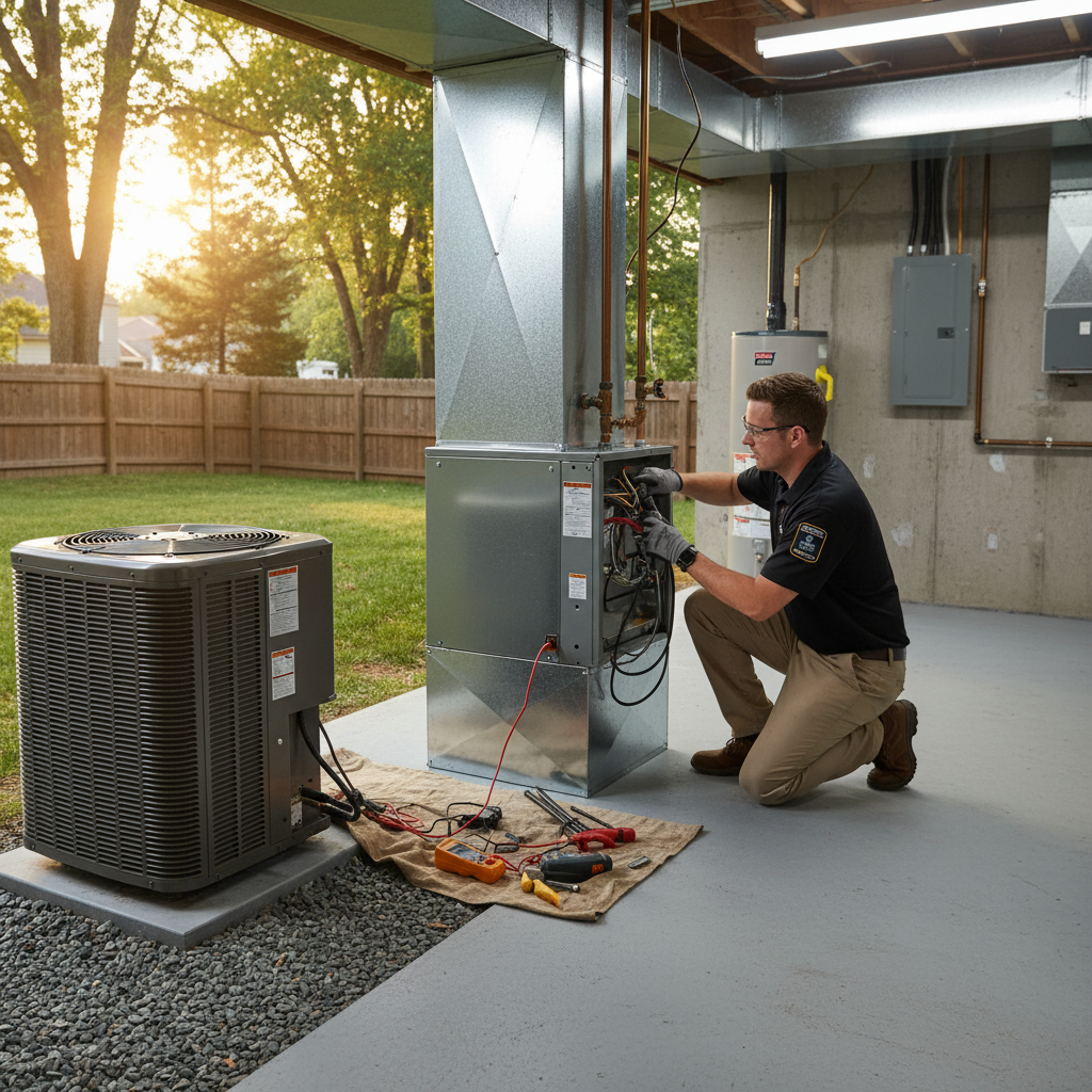 BIM Heating and Cooling technician inspecting an outdoor HVAC unit in a Fredericksburg, VA backyard.