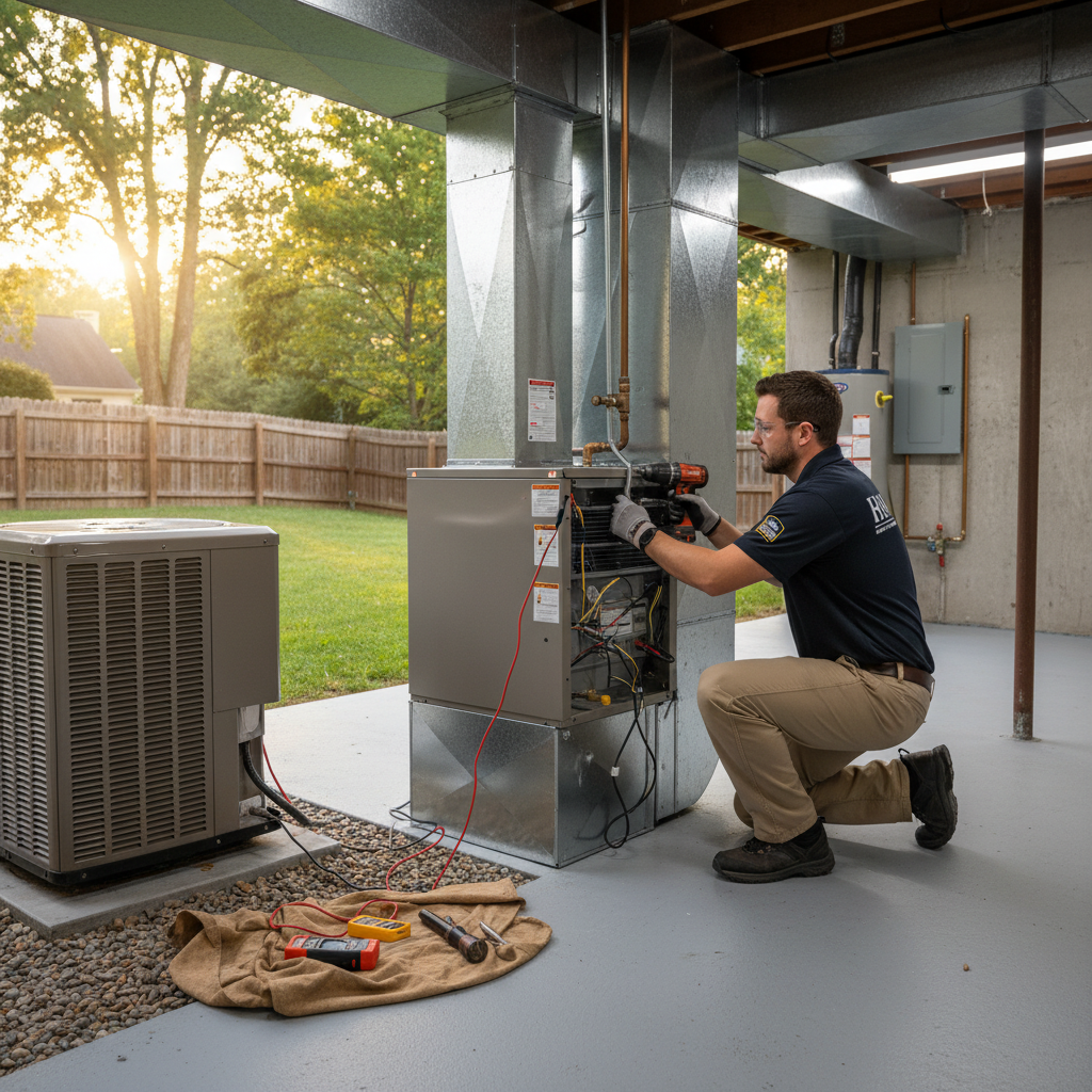 BIM Heating and Cooling technician inspecting an outdoor HVAC unit in a Fredericksburg, VA backyard.