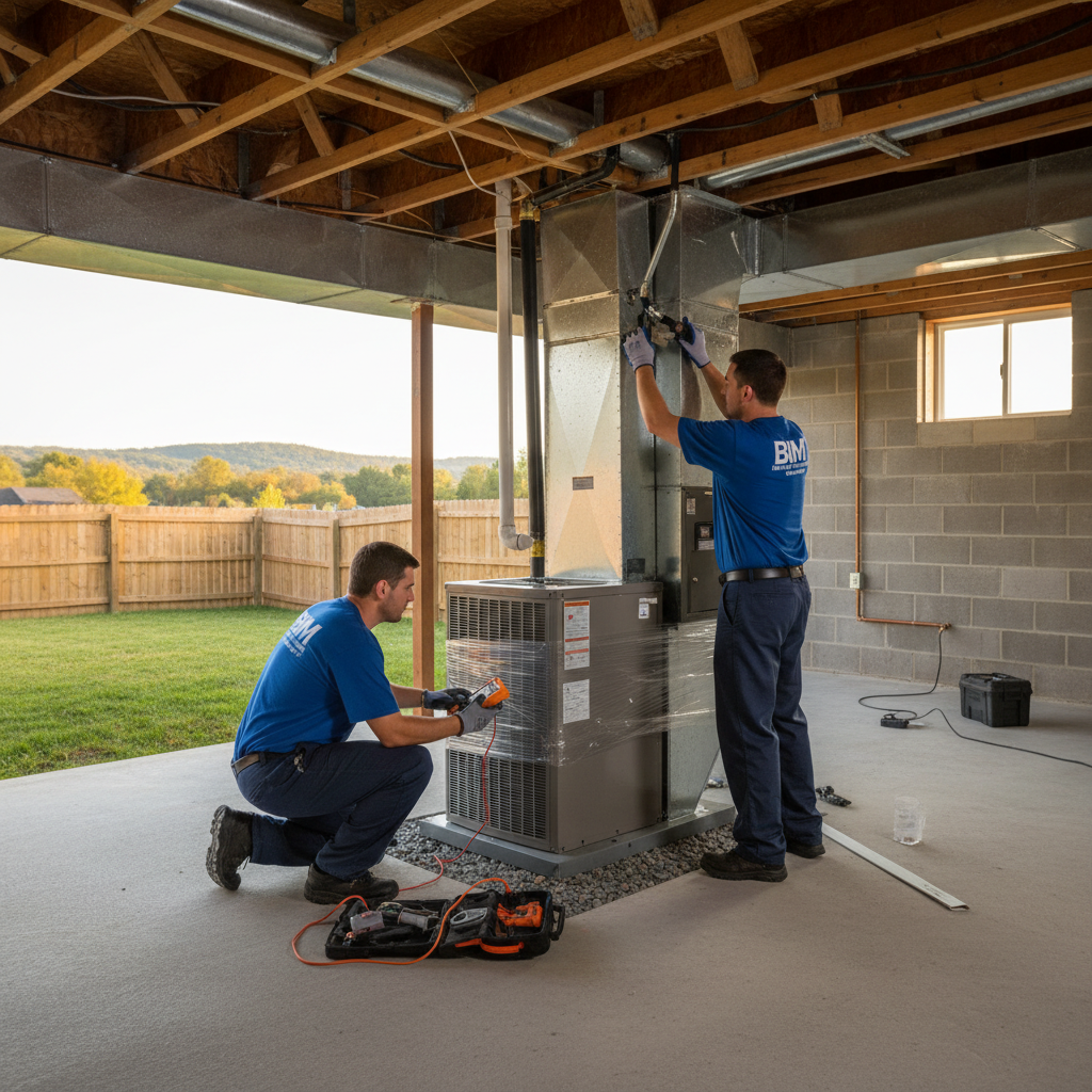 BIM Heating and Cooling technician inspecting an outdoor HVAC unit in a Fredericksburg, Virginia backyard.