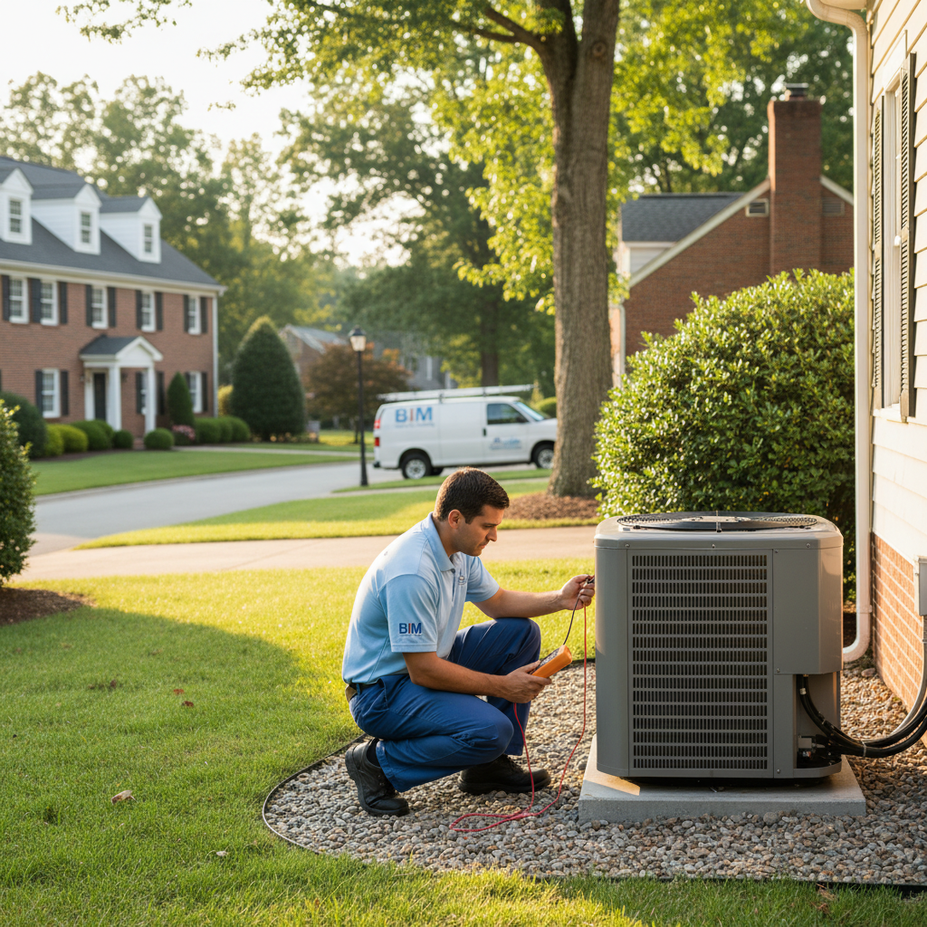 BIM Heating and Cooling technician inspecting an outdoor HVAC unit in a Fredericksburg, Virginia neighborhood.