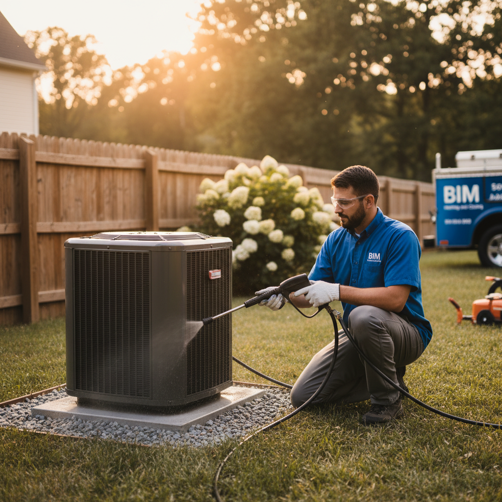 BIM Heating and Cooling technician inspecting an outdoor HVAC unit in a residential backyard in Fredericksburg, VA.
